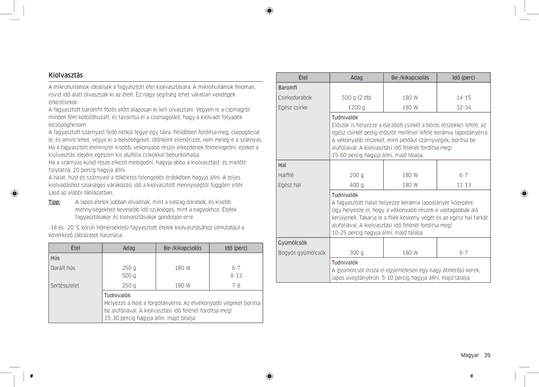 Samsung MC32K7055CT/EO manual Kiolvasztás, Magyar  